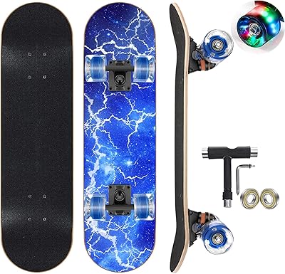 Gieeu skateboard with colored flashing wheels for beginners, children, adolescents, adults, full standard skateboard 37 "x 8", 9 layers, concave board in Canadian maple.. DIAYTAR Nigeria: Where affordability meets speed and quality.