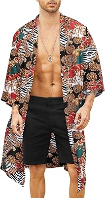 Light Kiono Jamono bathrobe printed Japanese style for men, relaxed bathrobe open on the front, long cardigan, outdoor clothing.. Affordable online shopping is just a click away with DIAYTAR Nigeria.