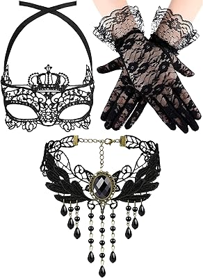 Set of Venetian Gloves in Lace For Women, Cosplay Mask in black lace with lace necklace and women for women.. DIAYTAR NIGERIA: Making quality products accessible to all Nigerians at affordable prices.