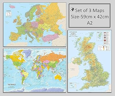 Set of 3 A2 - World, Europe, United Kingdom - Size - 59 cm x 42 cm.. Be part of Nigeria’s most trusted online shopping experience — DIAYTAR Nigeria.