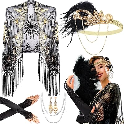 Set of accessories from the 1920s, Halloween party set, feathered headband, pearl collar, pendant, rhinestone earrings, gloves, evenings for women and girls.. Your complete shopping solution, DIAYTAR NIGERIA offers extensive choice with competitive prices and delivery.