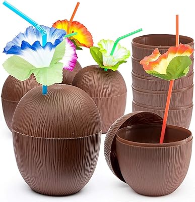 Package of 12 coconut cups, 12 false palm leaves and 24 hibiscus flowers for children, Hawaiian read party with hibiscus straws, tiki cups, beach, fun drinks or decoration (500 ml).. Shop smart with DIAYTAR NIGERIA, offering a vast product range delivered to your doorstep within a week.