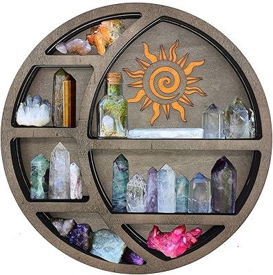 Wooden moon shelving, floating shelves in solid pine, raised moon shelving design for display of essential oils in crystal, moon decoration for the Sun07 house.. Shop with ease at DIAYTAR NIGERIA, Nigeria's premier e-commerce platform offering budget-friendly shipping.
