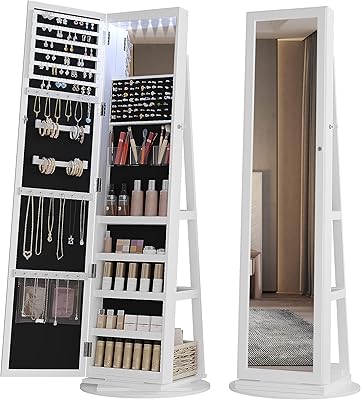 L Favor Rotating jewelry cabinet 360 degrees with 6 LED lights, full length mirror with large capacity for the organization of jewelry, mirror lockable on foot for bedroom and dressing room.. DIAYTAR NIGERIA: Where every shopping need is met with affordable prices and timely delivery.