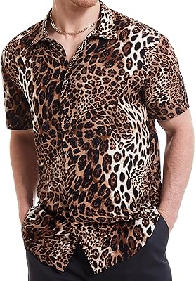 Disco shirt with leopard print for men, relaxed shirt buttoned with short sleeves.. DIAYTAR NIGERIA delivers more than expected with our extensive catalog and 5-8 day delivery service.