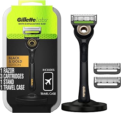 Gillette razor for men with exfoliating pad, gillette labs gold edition, includes 1 round, 3 razor refills, 1 travel bag and 1 high -end magnetic support.. Your ultimate shopping destination, DIAYTAR NIGERIA combines extensive selection with affordable shipping.
