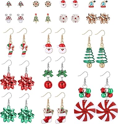 16 pairs of hanging Christmas earrings for women, Christmas tree, snowflake, Santa Claus, snowman, Christmas jewelry, rhinestone gift, rhinestones.. DIAYTAR NIGERIA delivers happiness in 5-8 days with our affordable and diverse product range.