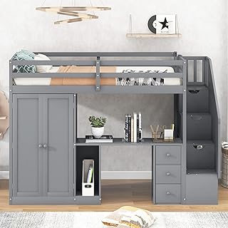 Double mezzanine bed with stairs and wardrobe wooden bed with desk storage drawers.. DIAYTAR NIGERIA: Where affordability meets variety, with thousands of products delivered in less than 8 days.
