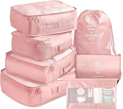 7 -piece travel bag storage set with toiletry bag, pink, one size, travel packaging cubes.. Experience shopping freedom with DIAYTAR NIGERIA's vast selection and dependable nationwide shipping.