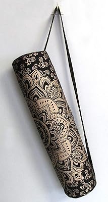 Black and gold ICC transport bag with zipper for yoga carpet, gym transport bag, beach, pilates, hippie mandala bag in Indian cotton.. Great deals and fast delivery — the DIAYTAR Nigeria guarantee.