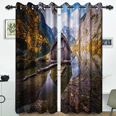 Basescu wooden blackout curtains with eyelets for landscape window from mountain lake in wood with eyelets for interior decoration, bedroom, living room, 2 rooms 26 x 63 cm.. DIAYTAR NIGERIA: Where every shopping need is met with affordable prices and timely delivery.