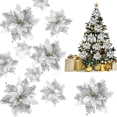Artificial pokenttia flowers with glitter, 12 pieces, silver poinsttia decorations, flower tree decorations for holidays/seasonal/wedding, DIY decorations.. DIAYTAR NIGERIA delivers more than expected with our extensive catalog and 5-8 day delivery service.
