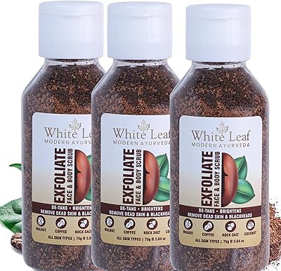 Scrub with white leaves and 75 g nuts for the face and body with coffee and coconut to eliminate dead cells from the skin, tanning, blackheads, skin without dirt and pollution, 75 g (3 -piece package).. DIAYTAR NIGERIA: Putting quality products within reach of every Nigerian through our affordable marketplace.