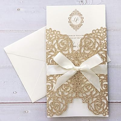 Becky Pride 25 Wedding Invitation Pieces with 126 x 185 mm envelopes, set of gilded lace wedding invitations cut in laser for weddings and premises festivals.. DIAYTAR NIGERIA: Where value meets variety with reliable nationwide delivery in under 8 days.