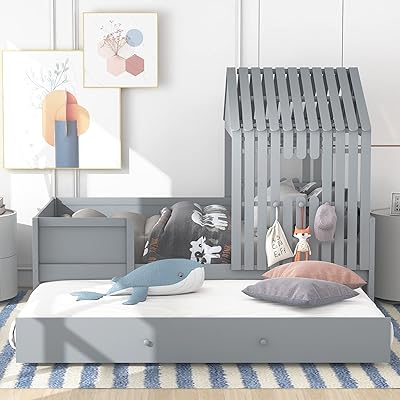Lepfan double wooden bed, low mezzanine bed with cart, Montessori bed with bed frame with children's safety fence, adolescents, girls and boys, solid and durable slat support (gray).. DIAYTAR NIGERIA: Revolutionizing how Nigerians shop with affordable prices and prompt delivery services.
