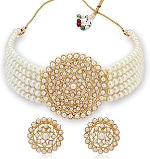 A luxurious set consisting of a necklace flush with neck and gold plated earrings dotted with sukhi pearls for women.. DIAYTAR NIGERIA: Making online shopping accessible with affordable prices and nationwide delivery service.