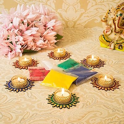 Decorative candle holders in ted ribbons (batch of 6) with row powder on the ground, set of lights Deepavali - Home decorations and gifts.. DIAYTAR NIGERIA: Making online shopping accessible with affordable prices and nationwide delivery service.