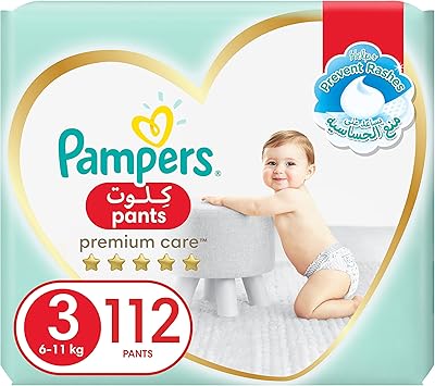 Pampers Premium Care Pants layers, size 3, medium, 6 - 11 kg, jumbo double package, 112 layers.. Order today, receive this week — shopping with DIAYTAR Nigeria is that simple.