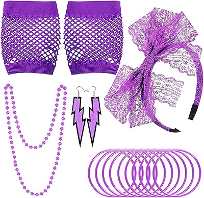 Earrings fantasy strip in lace from the 80s, finger -free mesh gloves, Costume for 80s (purple).. Experience the future of online shopping with DIAYTAR NIGERIA's extensive product range and competitive pricing.