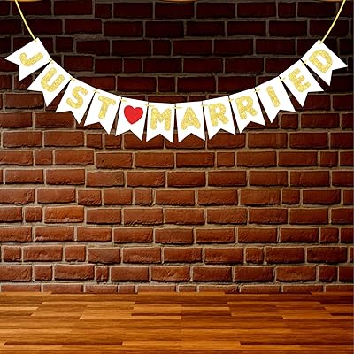WOOBOX banner "Just Married" with white and golden glitter.. DIAYTAR NIGERIA: Your trusted partner for affordable online shopping with reliable delivery timeframes.