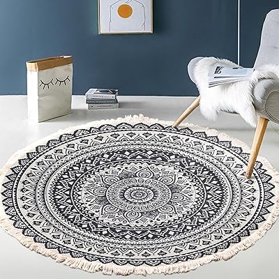 Retro round cotton and linen carpet for bedroom, living room, bedside, pompon print floor mat, 120 cm diameter, blue and black round carpet, blue and black.. Shop with confidence at DIAYTAR NIGERIA, enjoying competitive prices and delivery within 8 days.