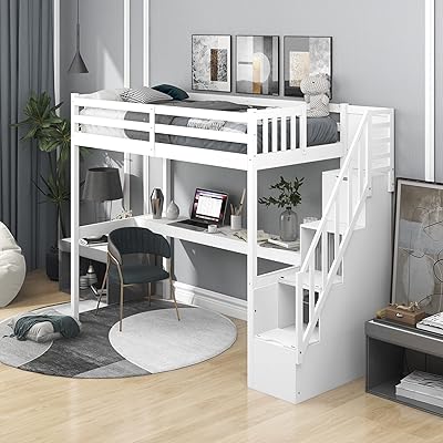 Full -size mezzanine bed Johome with staircases double wooden bed frame.. DIAYTAR NIGERIA: Your affordable gateway to thousands of products shipped nationwide within the week.