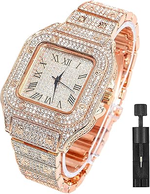 Gold plated watch with diamonds and cubic zircones, square dial, quartz movement, analog bracelet for men and women.. DIAYTAR NIGERIA transforms dreams into deliveries with our affordable prices and reliable shipping.