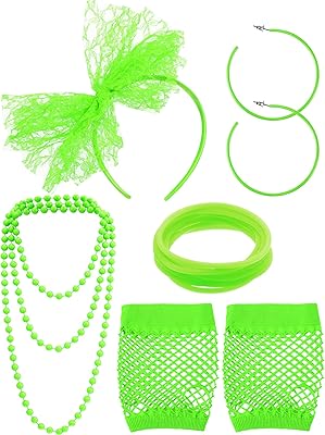 Lace fancy band from the 80s, earrings, gloves, necklace and feast costume bracelet from the 80s (fluorescent green).. DIAYTAR Nigeria: trusted by thousands for fast, reliable delivery.