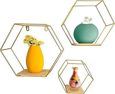 Hexagonal floating shelves fixed to the wall, golden shelves with metal structure and wooden base in a modern and elegant style, for storage and exposure to the wall of the living room or bedroom, lot of 3 sizes (L, M and S).. Save more, wait less — DIAYTAR Nigeria delivers faster than ever.