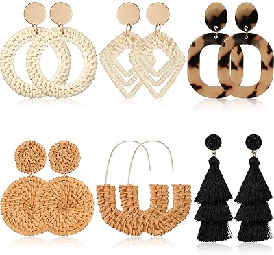 6 pairs of rattan straw earrings, bohemian earrings with hand -woven pampilles, pendant earrings in woven woven for women and girls.. DIAYTAR NIGERIA: Transforming online retail with affordable prices and consistent 5-8 day nationwide delivery.