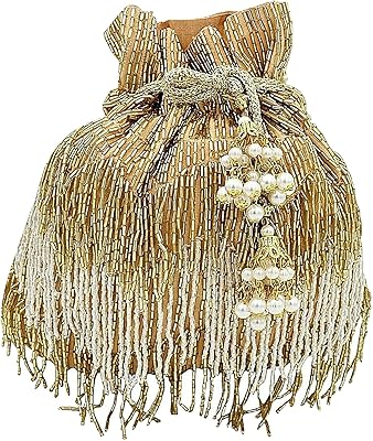Golden pompom bag embroidered for women, elegant, fashionable and elegant, this exquisite potli bag works with a pearl chain for an Indian wedding festival, you can transport it with any outing, or '6' '2' '2' '.. Shop with purpose at DIAYTAR NIGERIA and receive products at unbeatable prices within the week.