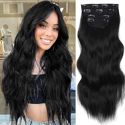 Clip in Long Soft Glam Waves Thick Postiches Black Hair Extensions Synthetic Fiber Double Motor Hair, Hair Extension for Women Extensions Of Natural Synthetic Hair with Clips For Women Full Head 4pcs.. Your complete shopping solution, DIAYTAR NIGERIA offers extensive choice with competitive prices and delivery.