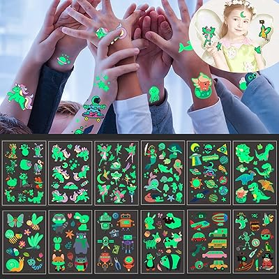 12 sheets (153 patterns) Light temporary tattoos for children, waterproof luminous tattoo stickers that shine in the dark, unicorn, dinosaur, siren, cartoon, party supplies, birthday decoration.. DIAYTAR NIGERIA delivers on convenience and affordability with our reliable nationwide shipping.