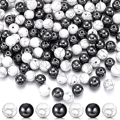 100 Howlite pearls of 8 mm and 100 natural hematite pearls in black and white marble, precious stones in bulk for bracelets, jewelry manufacturing supplies to make yourself.. DIAYTAR NIGERIA: Connecting Nigerians with their needs through our affordable and diverse marketplace.