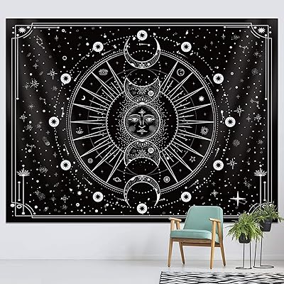 Black and white psychedelic tapestry with sun, moon and stars for bedroom decoration (130 x 150 cm).. Experience hassle-free shopping with DIAYTAR NIGERIA's user-friendly platform and prompt delivery service.