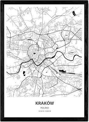 Nacnic poster with Krakow card - Poland. Leaves of European cities with black seas and rivers. A4 format.. DIAYTAR NIGERIA makes luxury accessible with our affordable prices and dependable delivery service.