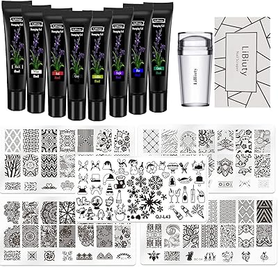 Set of Libeauty nail polish models, 5 rooms, stamping bar with buffer and scraper, 8 colors, set of stamping models for gel gel varnish.. DIAYTAR NIGERIA: Where shopping meets satisfaction with affordable prices and prompt delivery services.