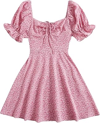 Short trapeze dress embroidered with puffy sleeves and shein tightening cord for women.. Your one-click solution to affordable shopping, DIAYTAR NIGERIA delivers quality products nationwide.