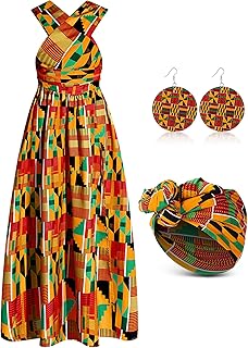 Traditional African print costume for women, 3 -room set, relaxed bohemian dress, headband, scarf and pendant earrings.. Explore a world of choices with DIAYTAR NIGERIA's vast catalog and budget-friendly nationwide shipping.