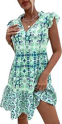 Women's dresses with butterfly sleeves, high waist collar, robbery hem and geometric print.. DIAYTAR NIGERIA: Where shopping dreams come true with budget-friendly prices and nationwide shipping.