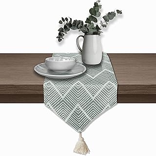 Table runner in CK Home fabric, 62 "X 12" with pompoms, geometric jacquard, reversible and washable, turquoise/beige... From daily deals to exclusive products — DIAYTAR Nigeria has you covered.