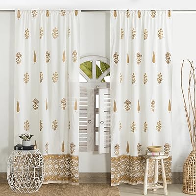 Mahoo International 84 "Curtains in white and golden transparent cotton cotton, set of 2, floral print curtains handmade for the living room, aesthetic decorative curtains with Trings Pass.. Your go-to destination for affordable online shopping, DIAYTAR NIGERIA delivers in under 8 days.