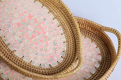 Rattan and mother-of-pearl oval service trays, batch of 2 (large and medium) orange service trays for holidays, breakfast, drinks and snacks for the coffee table and the house.. Discover the joy of choice with DIAYTAR NIGERIA's extensive selection and budget-friendly shipping.