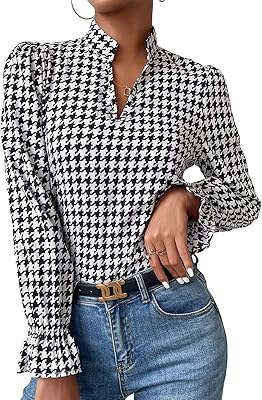 Flying blouse and long sleeves for women, V-collar, Pied-de-Poule print.. DIAYTAR NIGERIA brings a world of products to your fingertips with affordable prices and quick delivery.