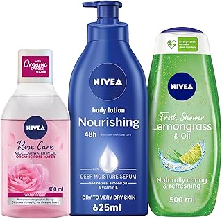 Nivea Body Care box: Clear shower gel & oil 500 ml + Micellar Eau Face, Makeup, pink treatment, 400 ml + body milk, nourishing, 625 ml.. DIAYTAR NIGERIA revolutionizes online shopping with competitive prices and reliable 5-8 day delivery.