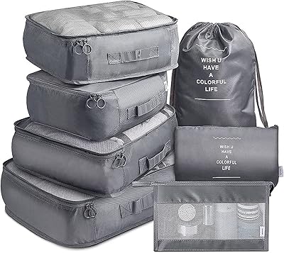 Set of creative packaging cubes of 7 pieces, organizers of travel suitcases with toiletry bag (gray).. DIAYTAR NIGERIA: Your trusted e-commerce partner with extensive product choices and affordable delivery.