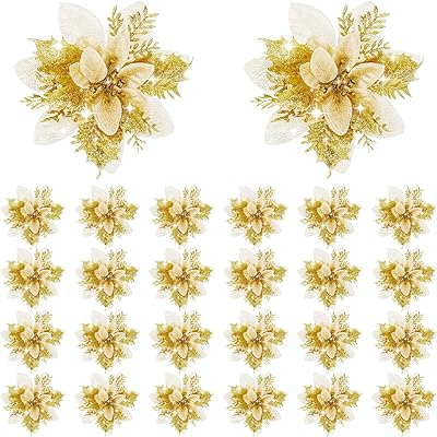 24 poinsettia flowers with Christmas glitter 5.5 ", artificial flowers with Christmas glitter for Christmas tree decorations, festive decorations and crowns (gold).. DIAYTAR NIGERIA: Where value meets variety with reliable nationwide delivery in under 8 days.