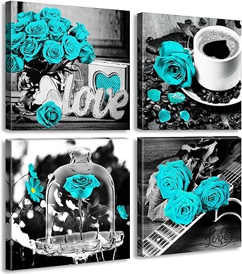 Wall decor with sarcelle roses and turquoise flowers for bedroom, modern art on canvas, vegetable decorative paintings, 12 inches wide x 12 inches high, 4 pieces.. DIAYTAR NIGERIA: Where thousands of products meet affordable prices and reliable 5-8 day delivery.
