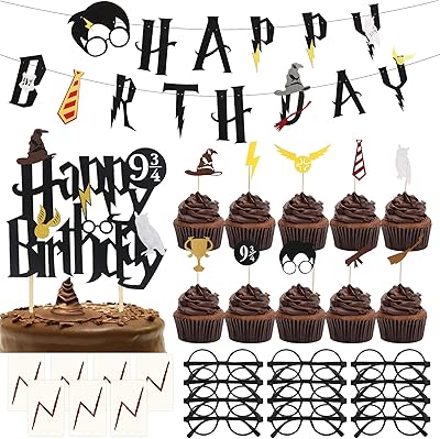 Harry Potter Wizard birthday party decorations, happy birthday magic banner for cakes, cupcakes, glasses and tattoo decorations for sorcerer's party.. DIAYTAR NIGERIA delivers satisfaction with every purchase through our affordable and reliable service.
