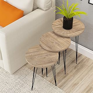 Return welcome set of 3 auxiliary tables Gigognes in gray pine wood, round design with metal feet for living room, desk, bedside table for bedroom.. DIAYTAR NIGERIA: Where shopping meets satisfaction with affordable prices and prompt delivery services.